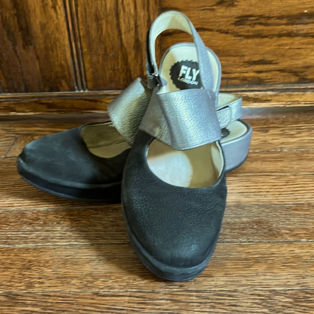 Fly London size 39 black and silver Mary Jane’s